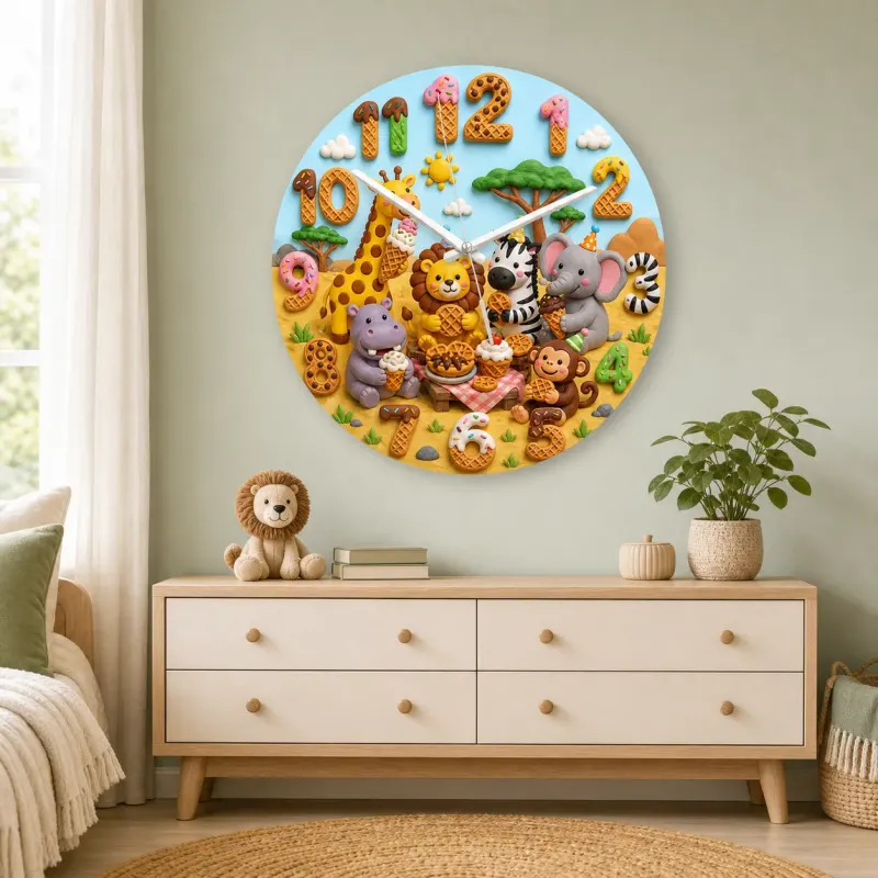Safari Animals Waffle Kids Room Wall Clock | Jungle Nursery Decor, Baby Shower Gift For Boys Girls (13.6 inch / 34.5 cm)
