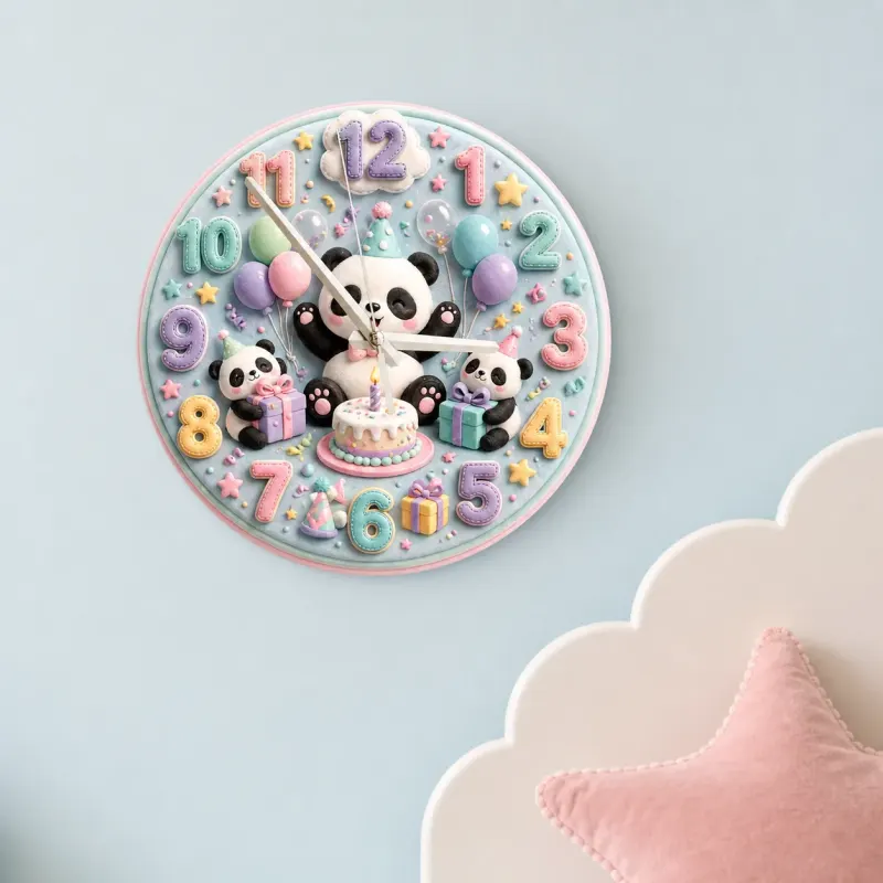 Pastel Birthday Panda Kids Room Wall Clock | Whimsical Animal Nursery Decor, Sweet Baby Shower Gift For Girls & Boys (13.6 inch / 34.5 cm)