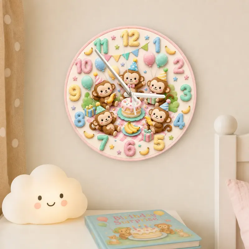 Pastel Monkey Birthday Kids Room Wall Clock | Cute Safari Animal Nursery Decor, Sweet Baby Shower Gift For Children (13.6 inch / 34.5 cm)