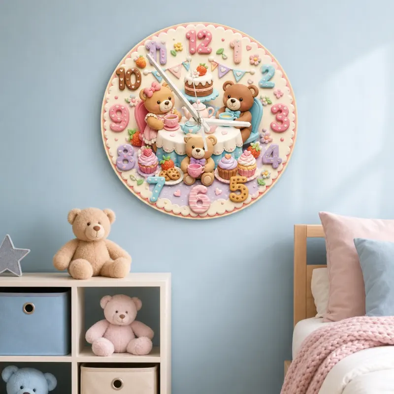 Teddy Bear Tea Party Kids Room Wall Clock | Pastel Nursery Decor, Sweet Baby Shower Birthday Gift (13.6 inch / 34.5 cm)