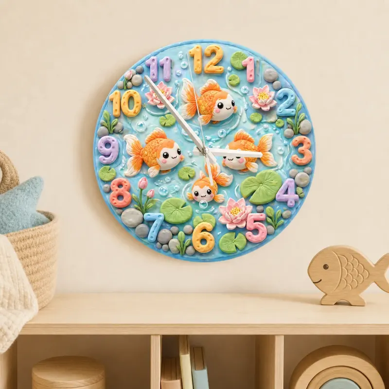 Whimsical Goldfish Pond Kids Room Wall Clock | Pastel Lotus Flower Nursery Home Decor, Sweet Newborn Baby Shower Gift (13.6 inch / 34.5 cm)