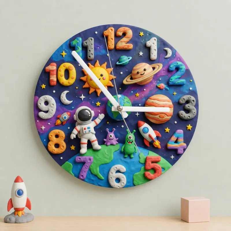 Outer Space Astronaut Kids Room Wall Clock | Cute Planets Baby Boy Nursery Decor, Toddler Bedroom Birthday Keepsake (13.6 inch / 34.5 cm)