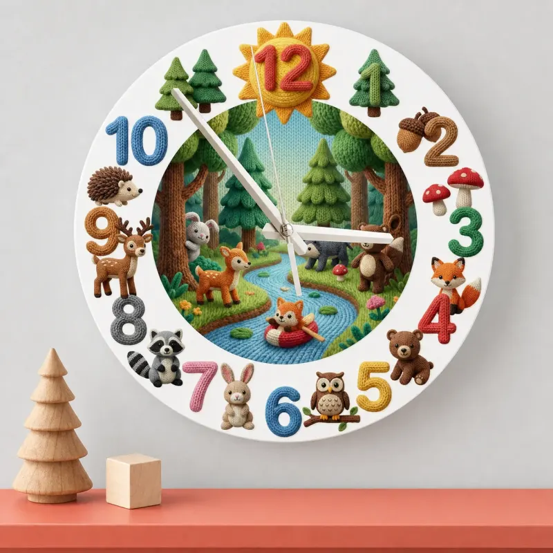 Knitted Style Woodland Forest Animals Kids Room Wall Clock | Cozy Nursery Decor, Memorable Baby Shower Gift Keepsake (13.6 inch / 34.5 cm)