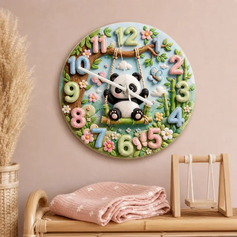 Whimsical Panda on Swing Kids Room Wall Clock | Cute Pastel Woodland Nursery Decor, Baby Shower Gift for Boys & Girls (13.6 inch / 34.5 cm)