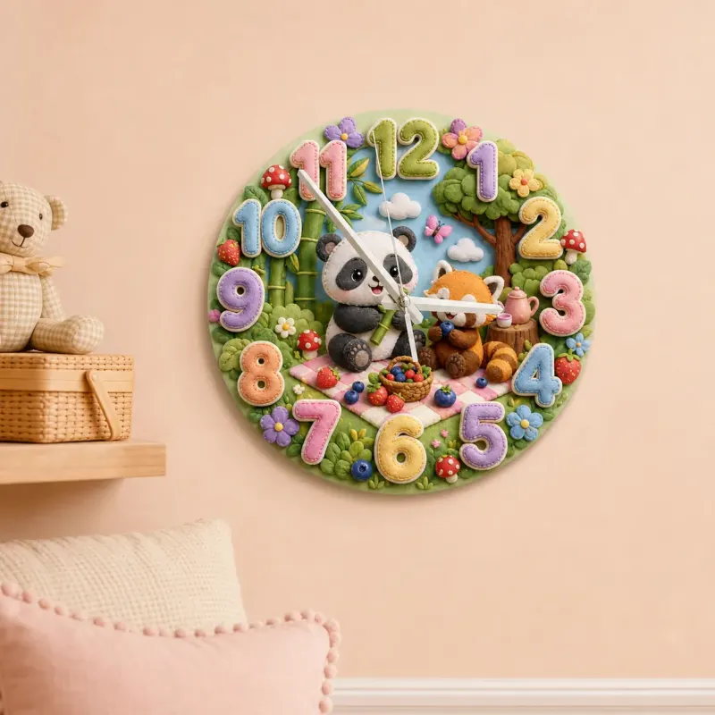 Woodland Panda & Red Panda Picnic Kids Room Wall Clock | Cute Forest Animal Nursery Decor, Baby Shower Gift Keepsake (13.6 inch / 34.5 cm)