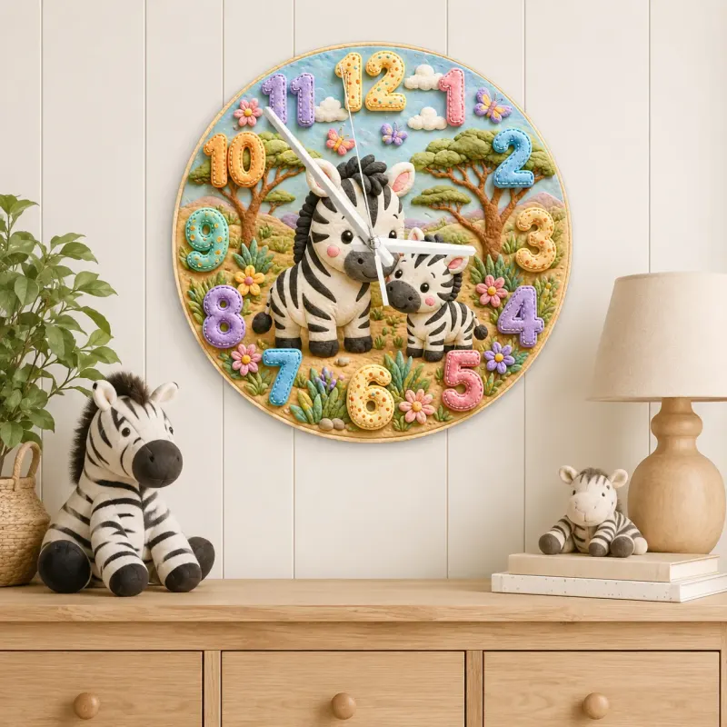 Sweet Mother & Baby Zebra Kids Room Wall Clock | Safari Animal Nursery Decor, Beautiful New Baby Shower Gift Keepsake (13.6 inch / 34.5 cm)