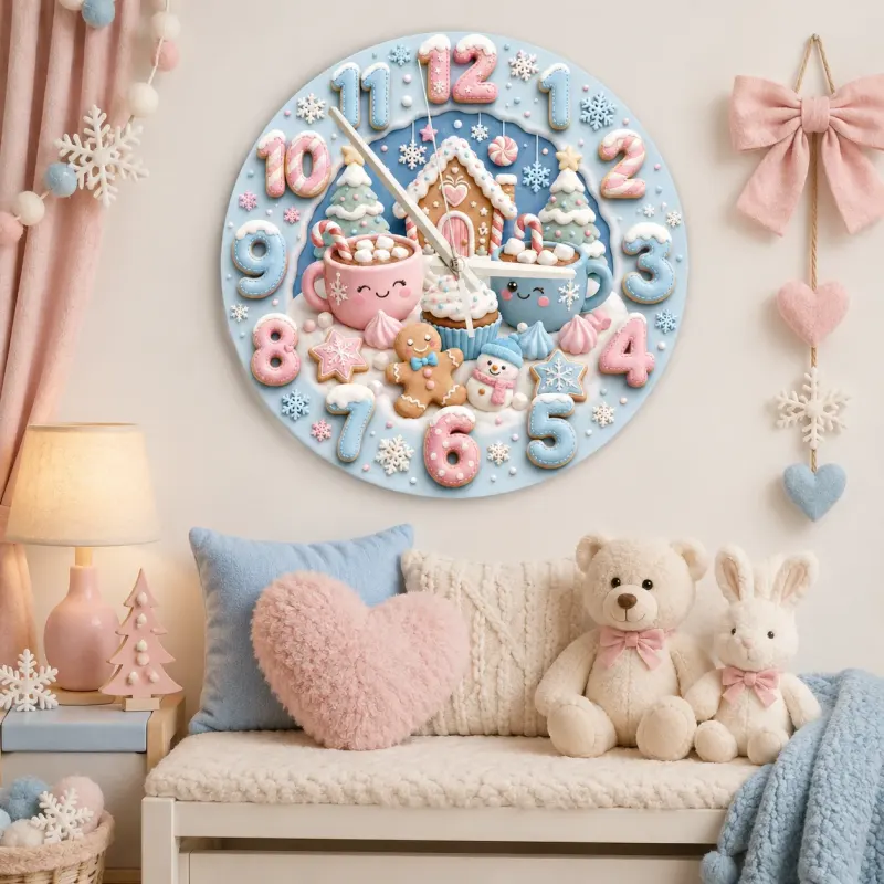 Pastel Winter Gingerbread Kids Room Wall Clock | Cute Hot Cocoa Snowman Nursery Decor, Sweet Holiday Baby Girl Gift (13.6 inch / 34.5 cm)