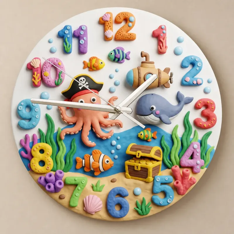 Pirate Octopus Under The Sea Kids Room Wall Clock | Ocean Theme Nursery Decor, Baby Boy Bedroom Birthday Keepsake (13.6 inch / 34.5 cm)