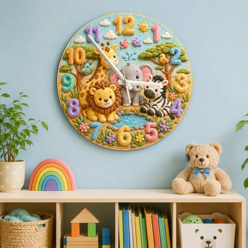 Safari Jungle Animals Kids Room Wall Clock | Cute Lion Elephant Nursery Decor, Unique Baby Shower Gifts for Newborns (13.6 inch / 34.5 cm)