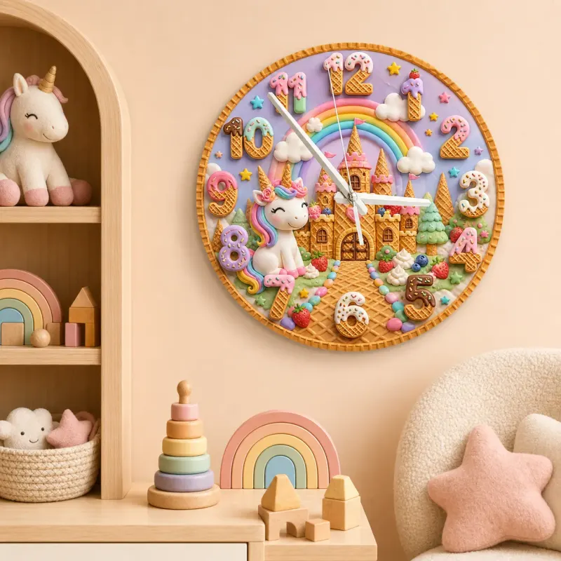 Unicorn Rainbow Castle Kids Room Wall Clock | Fairytale Nursery Decor, Magical Baby Girl Birthday Gift (13.6 inch / 34.5 cm)