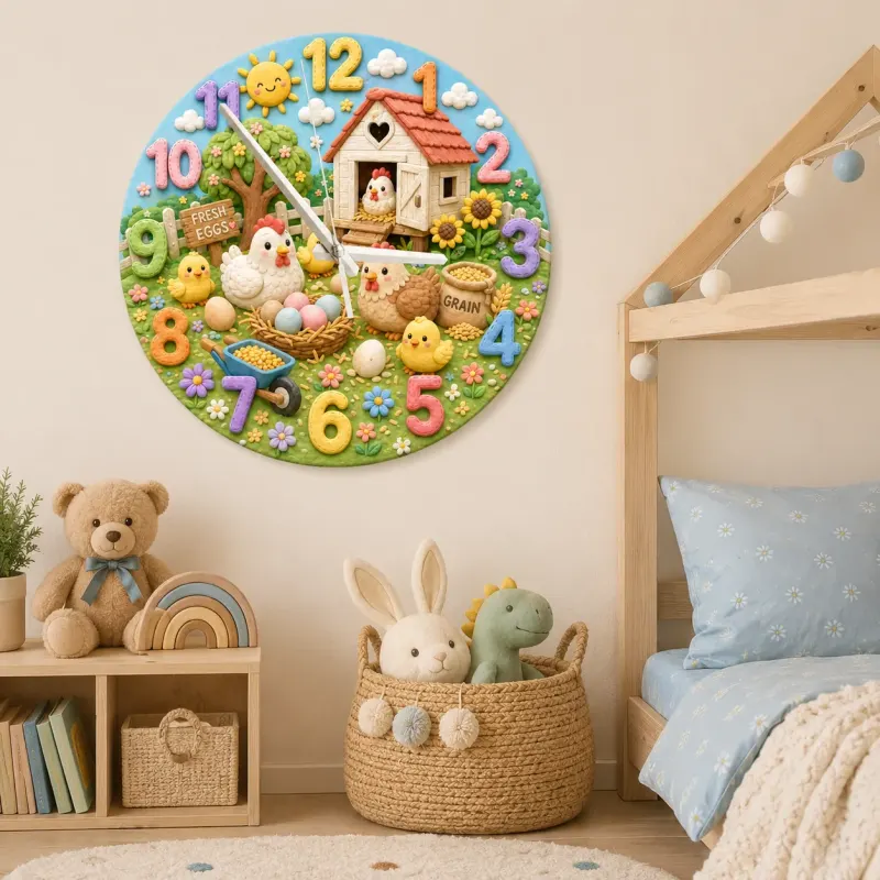Cute Farm Chickens Kids Room Wall Clock | Baby Chick Nursery Decor, Playroom Wall Art, Sweet Birthday Gift Keepsake (13.6 inch / 34.5 cm)