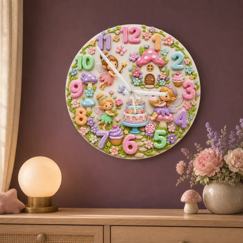 Fairy Mushroom Garden Kids Room Wall Clock | Magical Woodland Nursery Decor, Baby Girl Birthday Gift (13.6 inch / 34.5 cm)