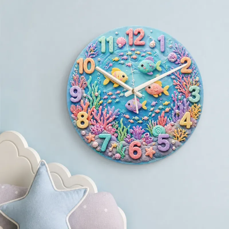 Pastel Ocean Coral Reef Kids Room Wall Clock | Under The Sea Nursery Decor, Cute Baby Girl Birthday Gift Keepsake (13.6 inch / 34.5 cm)