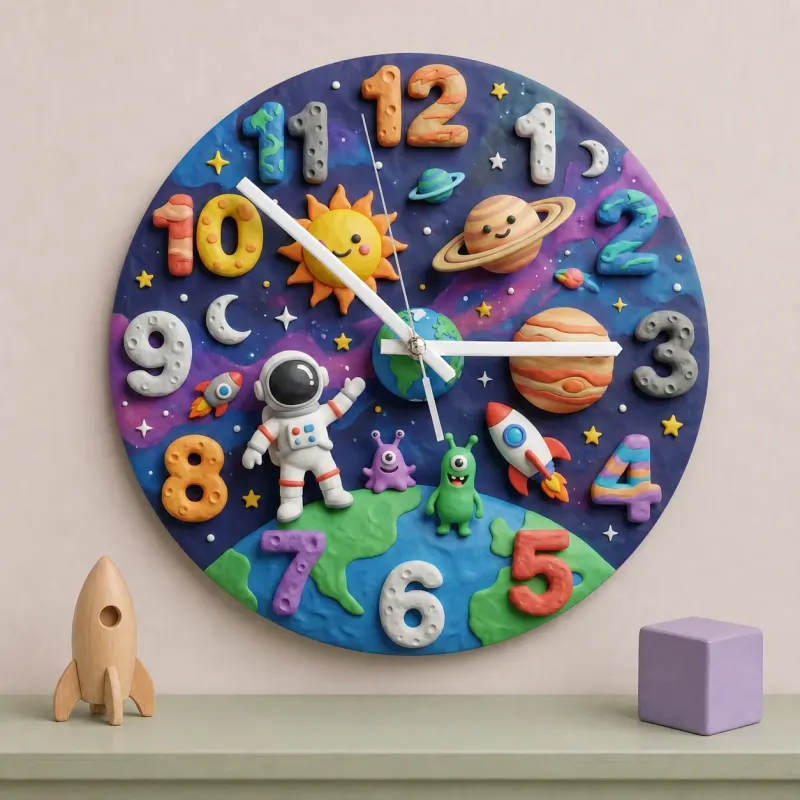 Outer Space Astronaut Kids Room Wall Clock | Cute Planets Baby Boy Nursery Decor, Toddler Bedroom Birthday Keepsake (13.6 inch / 34.5 cm)