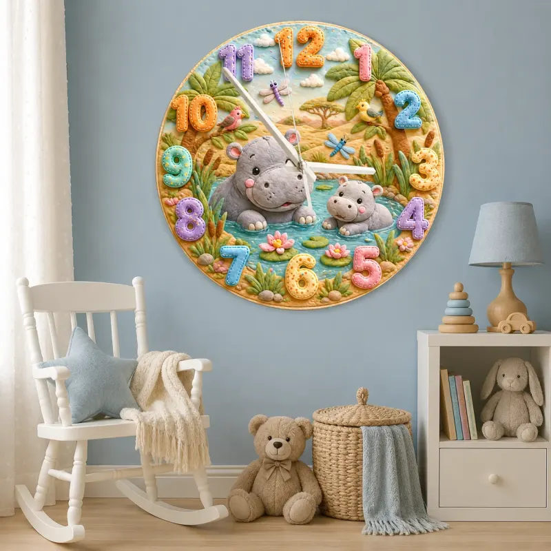 Safari Hippo Family Kids Room Wall Clock | Cute Jungle Animal Nursery Decor, Beautiful Baby Shower Gifts & Keepsakes (13.6 inch / 34.5 cm)