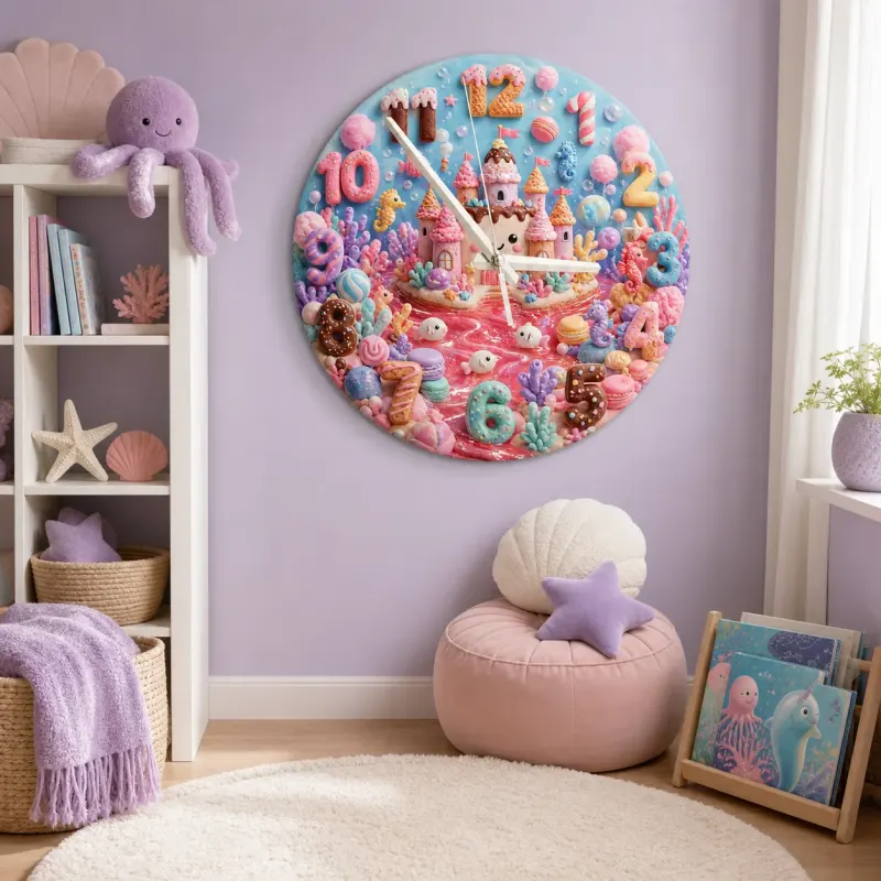 Pastel Candy Castle Kids Room Wall Clock | Sweet Ocean Fantasy Nursery Wall Decor, Little Girl Bedroom Birthday Gift (13.6 inch / 34.5 cm)