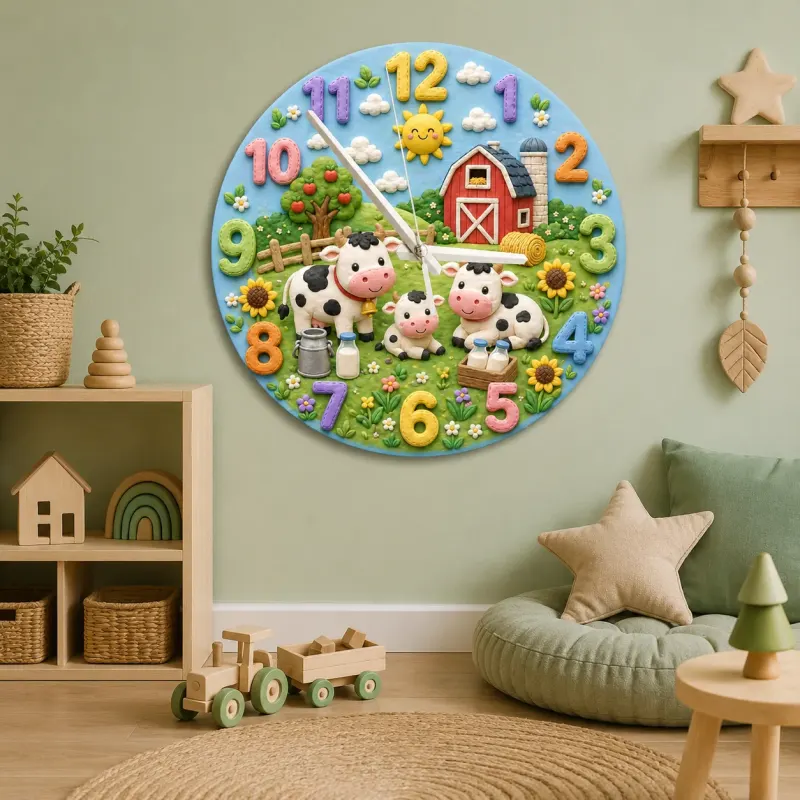 Farm Animal Cow Family Kids Room Wall Clock | Rustic Red Barn Nursery Decor, Baby Shower Gift For Boys And Girls Room (13.6 inch / 34.5 cm)