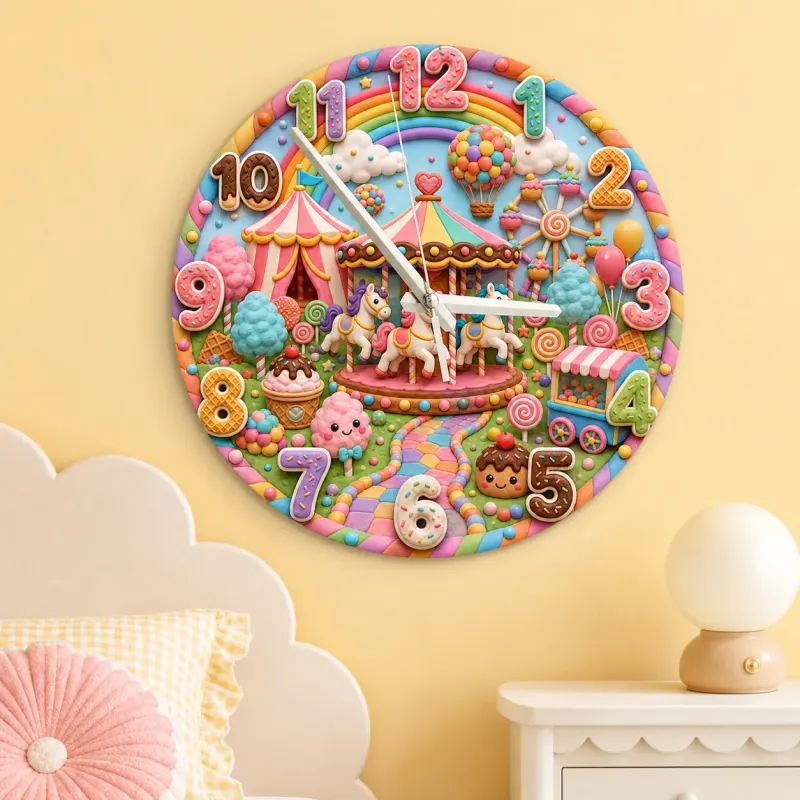 Candy Carnival Carousel Kids Room Wall Clock | Rainbow Nursery Decor, Sweet Little Girl Birthday Gift (13.6 inch / 34.5 cm)