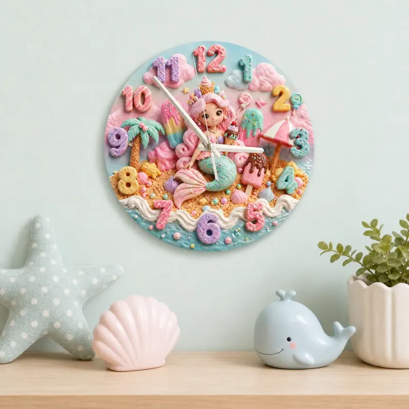 Pastel Mermaid & Sweet Treats Kids Room Wall Clock | Kawaii Candy Beach Nursery Decor, Cute Little Girls Bedroom Gift (13.6 inch / 34.5 cm)
