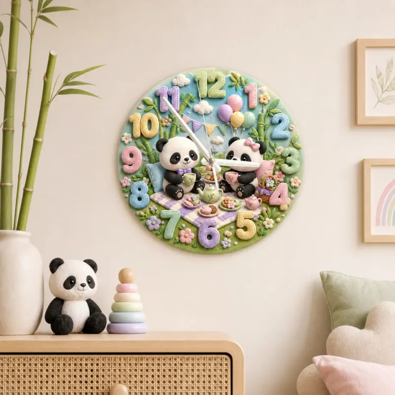Whimsical Panda Tea Party Kids Room Wall Clock | Pastel Bamboo Nursery Decor, Baby Shower Birthday Keepsake Present (13.6 inch / 34.5 cm)