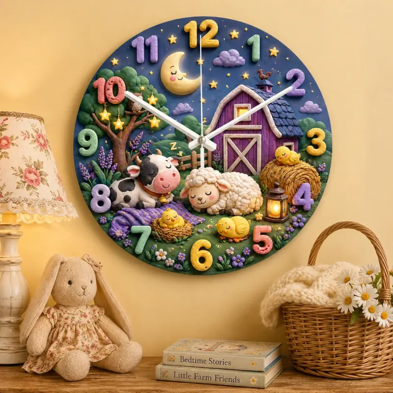 Sleeping Farm Animals Kids Room Wall Clock | Nighttime Nursery Decor, Sweet Dreams Baby Shower Gift For Boys Girls (13.6 inch / 34.5 cm)