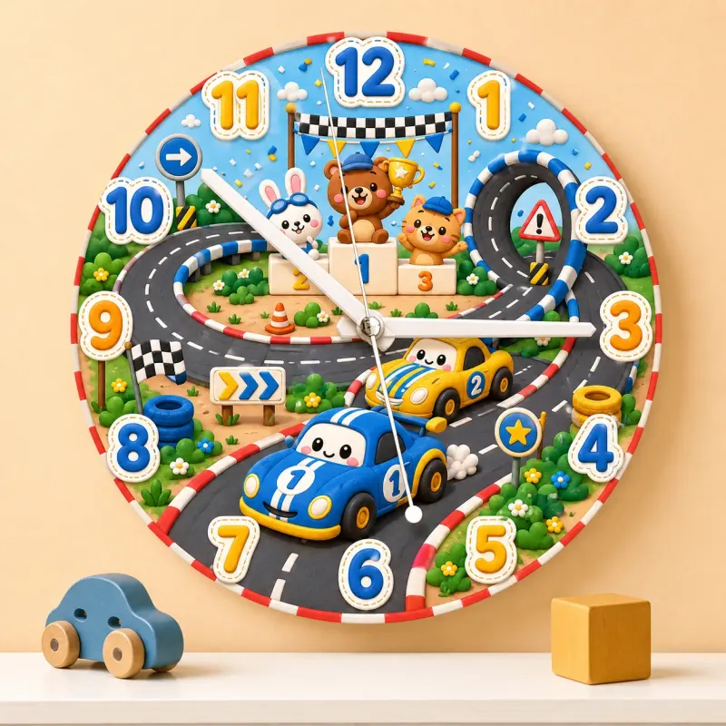 Racing Car Track & Animal Champions Kids Room Wall Clock
