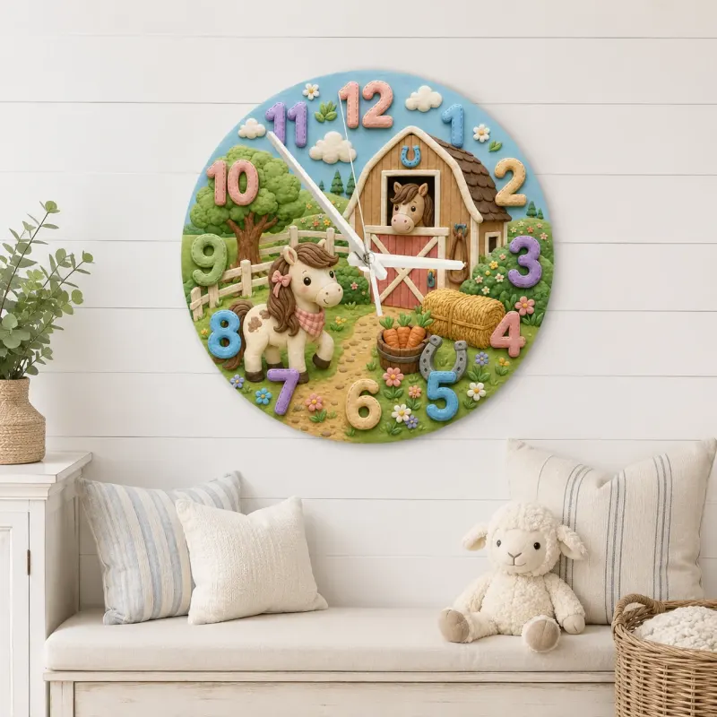 Cute Pony and Farm Barn Kids Room Wall Clock | Rustic Animal Nursery Decor, Baby Shower Gift for a Little Girls Room (13.6 inch / 34.5 cm)