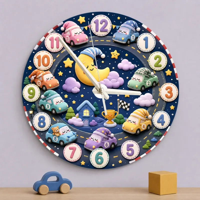 Sleepy Cars Night Sky Kids Room Wall Clock