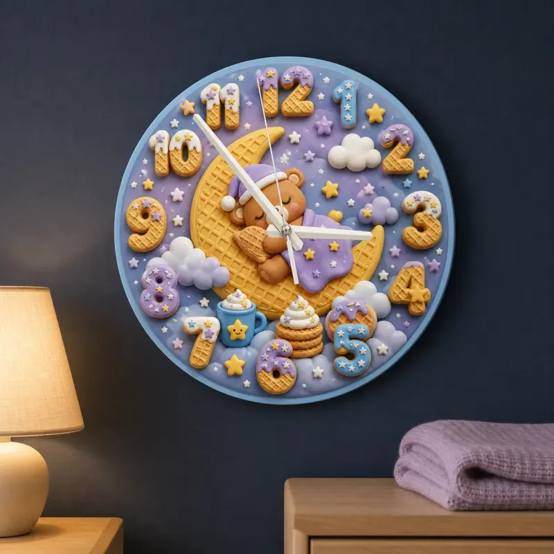 Sleeping Bear Moon Kids Room Wall Clock | Pastel Night Sky Nursery Decor, Sweet Baby Shower Gift (13.6 inch / 34.5 cm)
