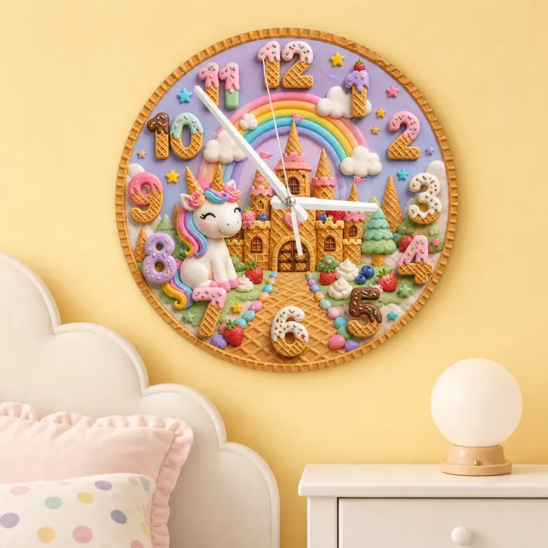 Unicorn Rainbow Castle Kids Room Wall Clock | Fairytale Nursery Decor, Magical Baby Girl Birthday Gift (13.6 inch / 34.5 cm)