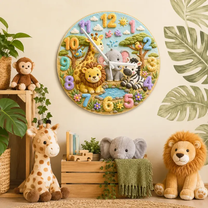 Safari Jungle Animals Kids Room Wall Clock | Cute Lion Elephant Nursery Decor, Unique Baby Shower Gifts for Newborns (13.6 inch / 34.5 cm)