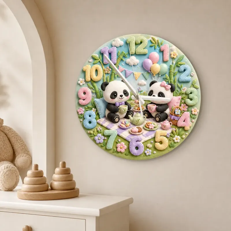 Whimsical Panda Tea Party Kids Room Wall Clock | Pastel Bamboo Nursery Decor, Baby Shower Birthday Keepsake Present (13.6 inch / 34.5 cm)
