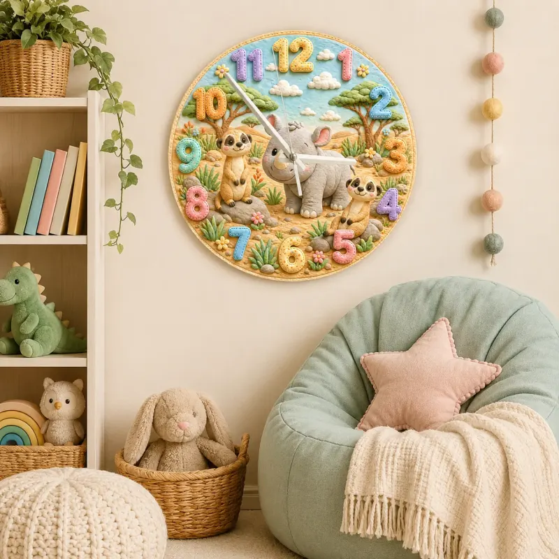 Cute Safari Rhino & Meerkat Kids Room Wall Clock | Wild Animal Nursery Decor, Baby Shower Birthday Keepsake Present (13.6 inch / 34.5 cm)