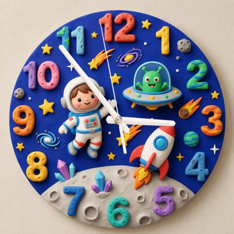 Outer Space Astronaut Kids Room Wall Clock | Alien Rocket Nursery Decor, Baby Boy Bedroom Birthday Gift Idea Keepsake (13.6 inch / 34.5 cm)