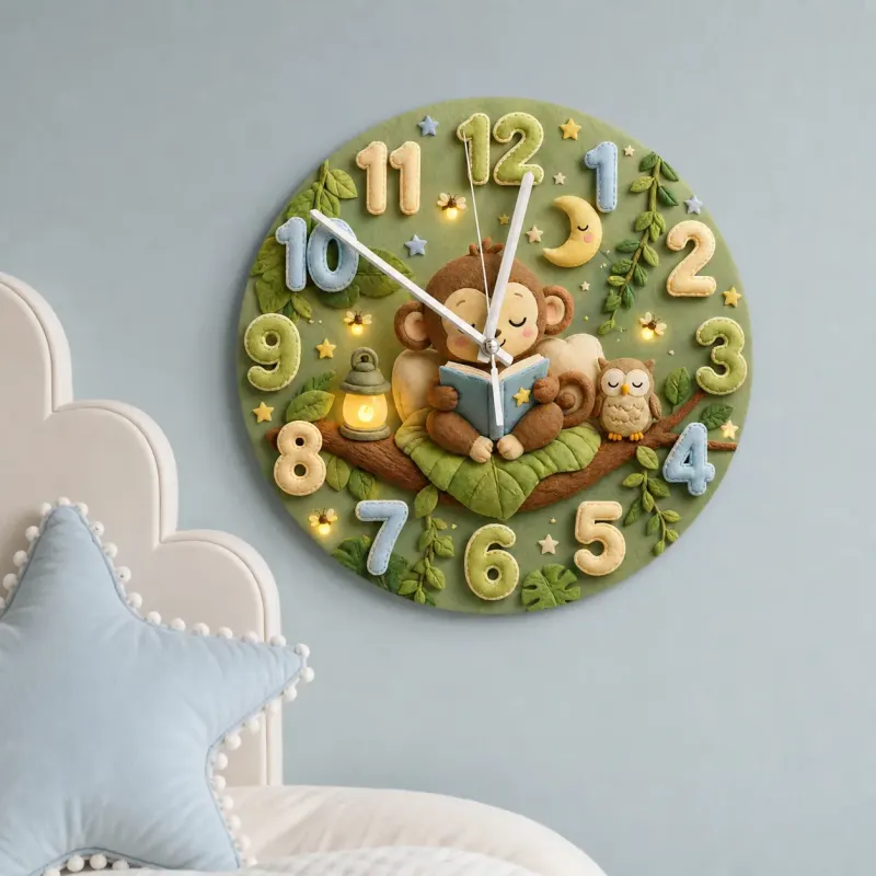 Cute Bedtime Reading Monkey Kids Room Wall Clock | Safari Jungle Nursery Decor, Baby Shower Gift For Boys & Girls (13.6 inch / 34.5 cm)