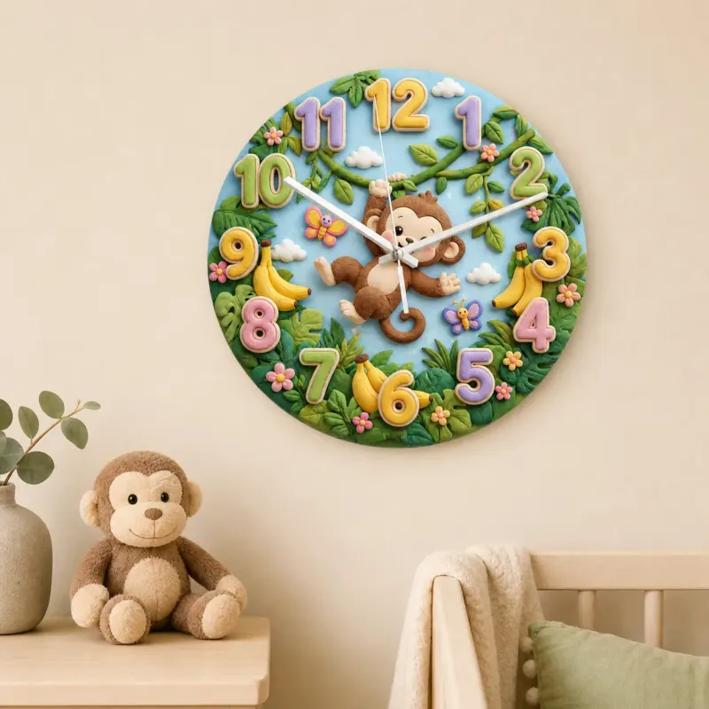 Swinging Safari Monkey Kids Room Wall Clock | Pastel Jungle Nursery Decor, Unique Baby Shower Gift For Boys Or Girls (13.6 inch / 34.5 cm)