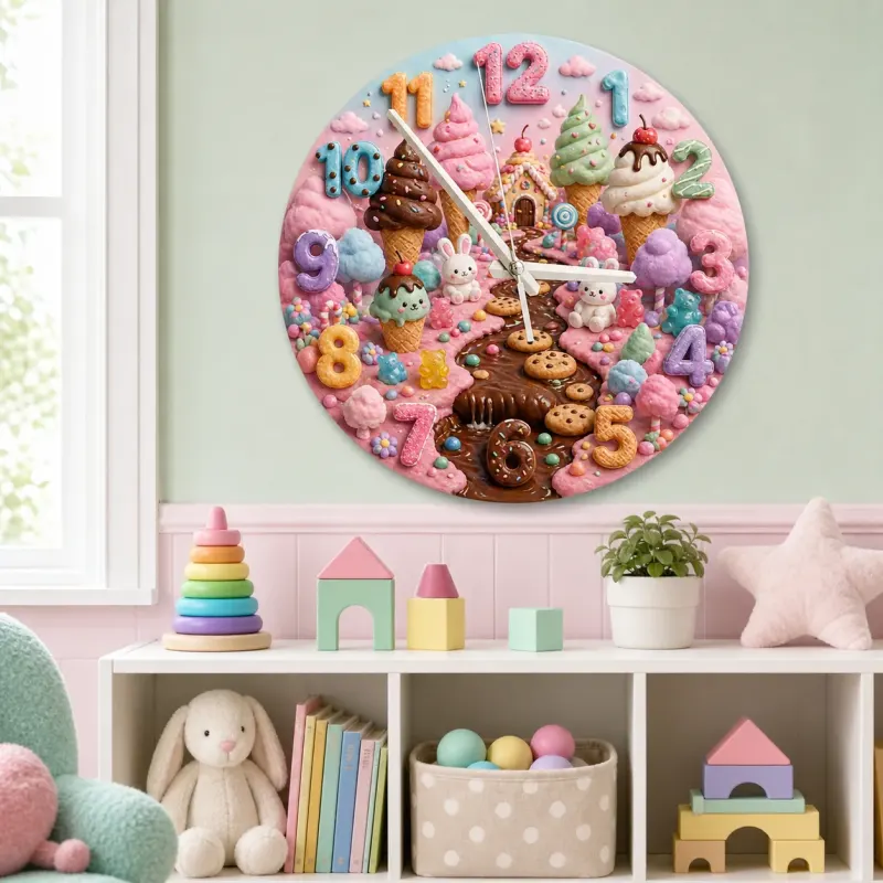 Magical Candyland Ice Cream Kids Room Wall Clock | Sweet Treats Nursery Decor, Whimsical Girl Bedroom Decor Keepsake (13.6 inch / 34.5 cm)