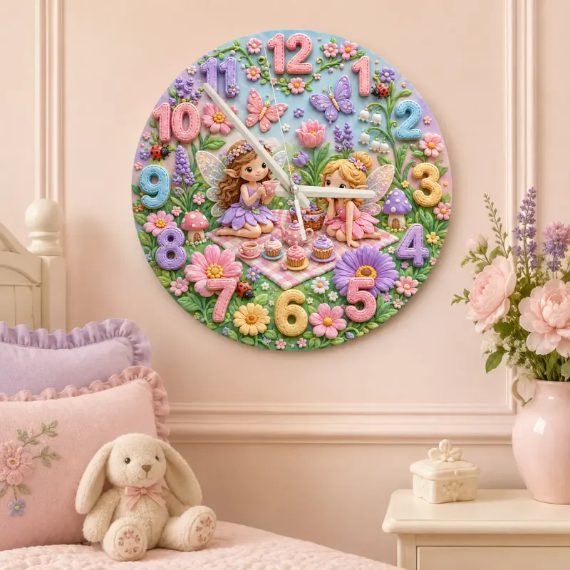 Magical Fairy Tea Party Kids Room Wall Clock | Enchanted Garden Nursery Decor, Pastel Girls Bedroom Birthday Present (13.6 inch / 34.5 cm)