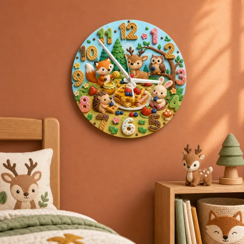 Woodland Waffle Picnic Kids Room Wall Clock | Forest Animal Nursery Decor, Baby Shower Birthday Gift (13.6 inch / 34.5 cm)