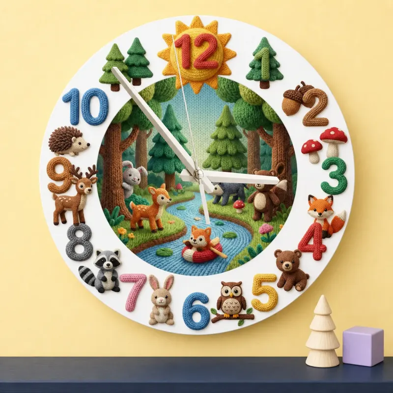 Knitted Style Woodland Forest Animals Kids Room Wall Clock | Cozy Nursery Decor, Memorable Baby Shower Gift Keepsake (13.6 inch / 34.5 cm)
