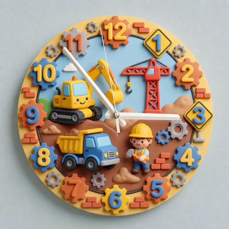 Construction Trucks Kids Room Wall Clock | Digger & Crane Nursery Decor, Little Builder Boy Birthday Gift Keepsake (13.6 inch / 34.5 cm)