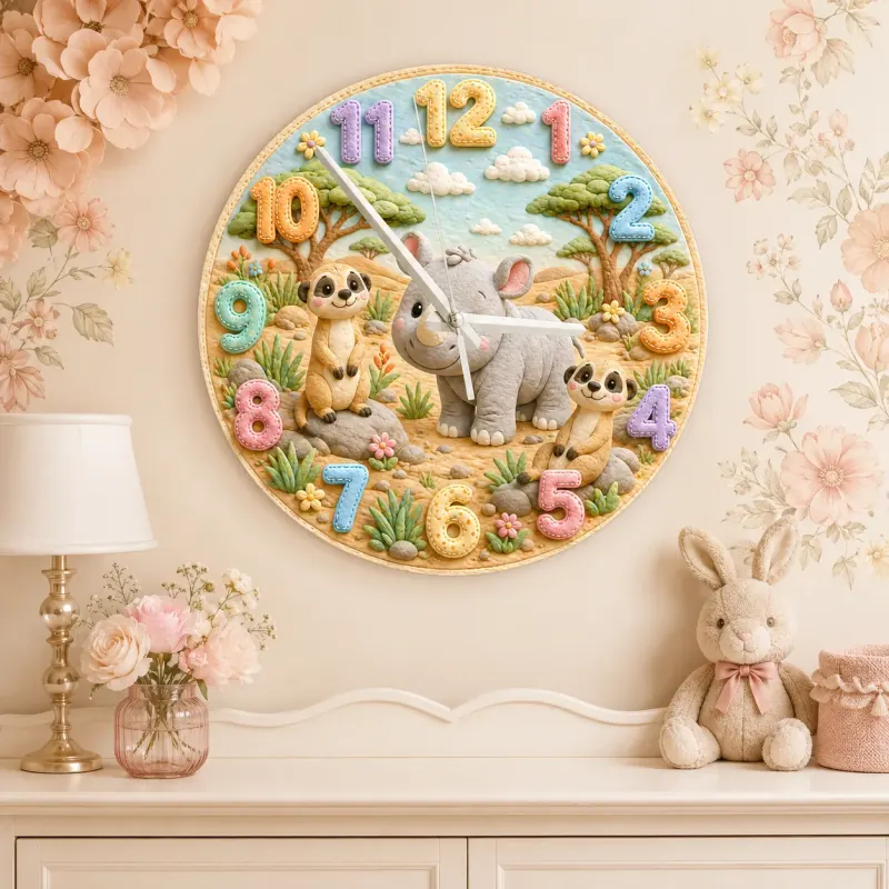 Cute Safari Rhino & Meerkat Kids Room Wall Clock | Wild Animal Nursery Decor, Baby Shower Birthday Keepsake Present (13.6 inch / 34.5 cm)