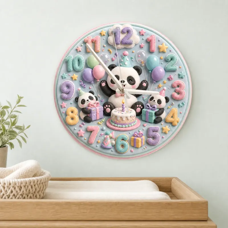 Pastel Birthday Panda Kids Room Wall Clock | Whimsical Animal Nursery Decor, Sweet Baby Shower Gift For Girls & Boys (13.6 inch / 34.5 cm)