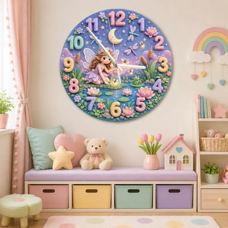 Magical Fairy Pond Kids Room Wall Clock | Enchanted Forest Nursery Decor, Whimsical Baby Girl Room Birthday Keepsake (13.6 inch / 34.5 cm)