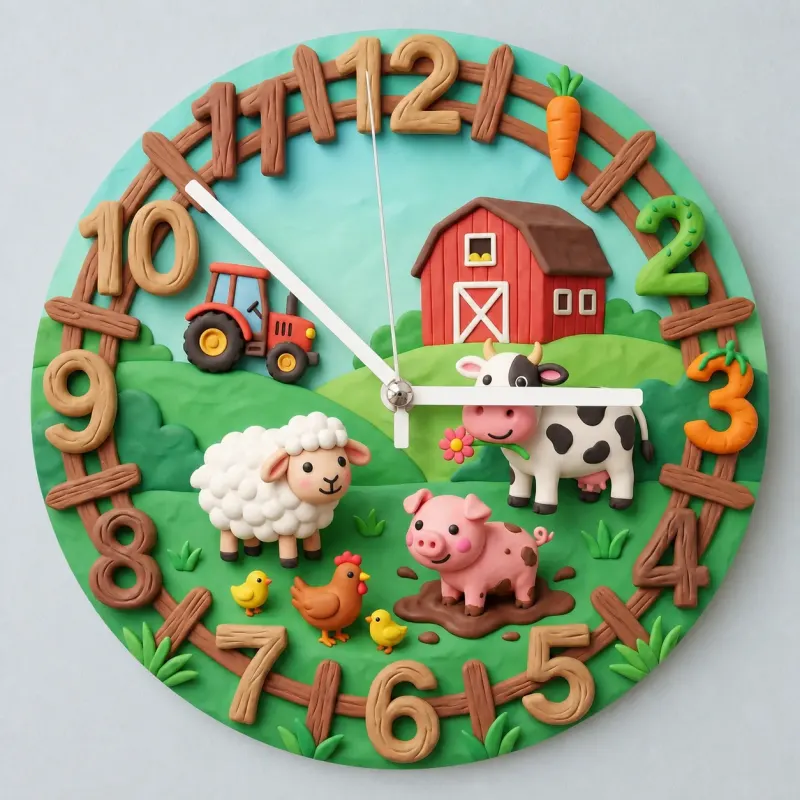 Farm Animals Barnyard Kids Room Wall Clock | Red Tractor Cow Pig Nursery Decor, Baby Boy Girl Birthday Keepsake Gift (13.6 inch / 34.5 cm)