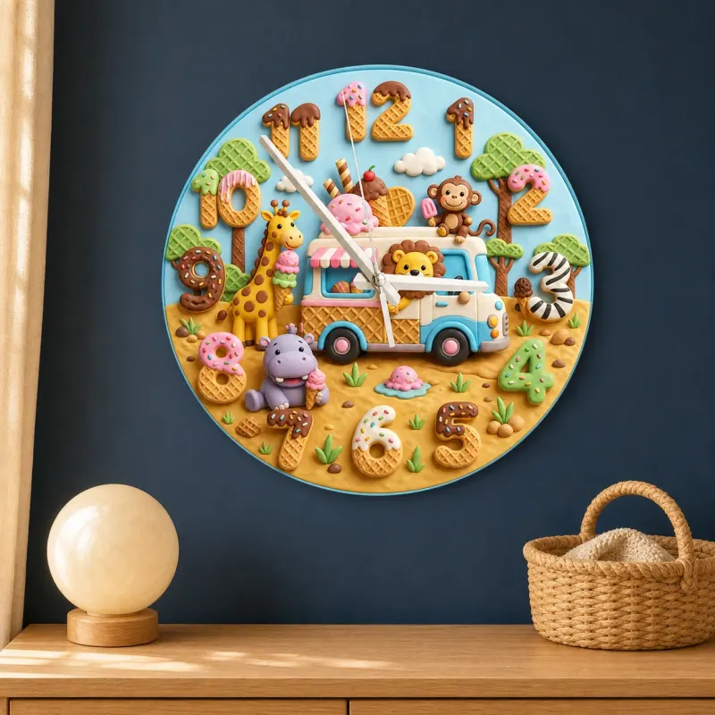Safari Ice Cream Truck Kids Room Wall Clock | Jungle Animal Nursery Decor, Baby Boy Girl Birthday Gift (13.6 inch / 34.5 cm)