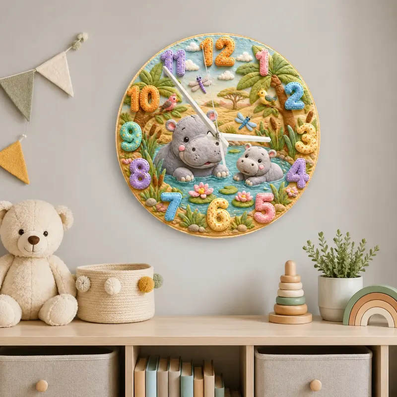 Safari Hippo Family Kids Room Wall Clock | Cute Jungle Animal Nursery Decor, Beautiful Baby Shower Gifts & Keepsakes (13.6 inch / 34.5 cm)