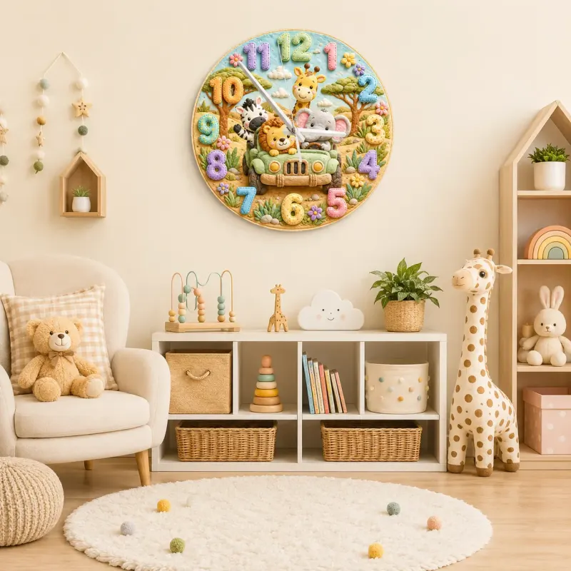 Safari Animal Jeep Kids Room Wall Clock | Jungle Nursery Decor, Safari Playroom Art, Baby Boy Shower Gift Keepsake (13.6 inch / 34.5 cm)