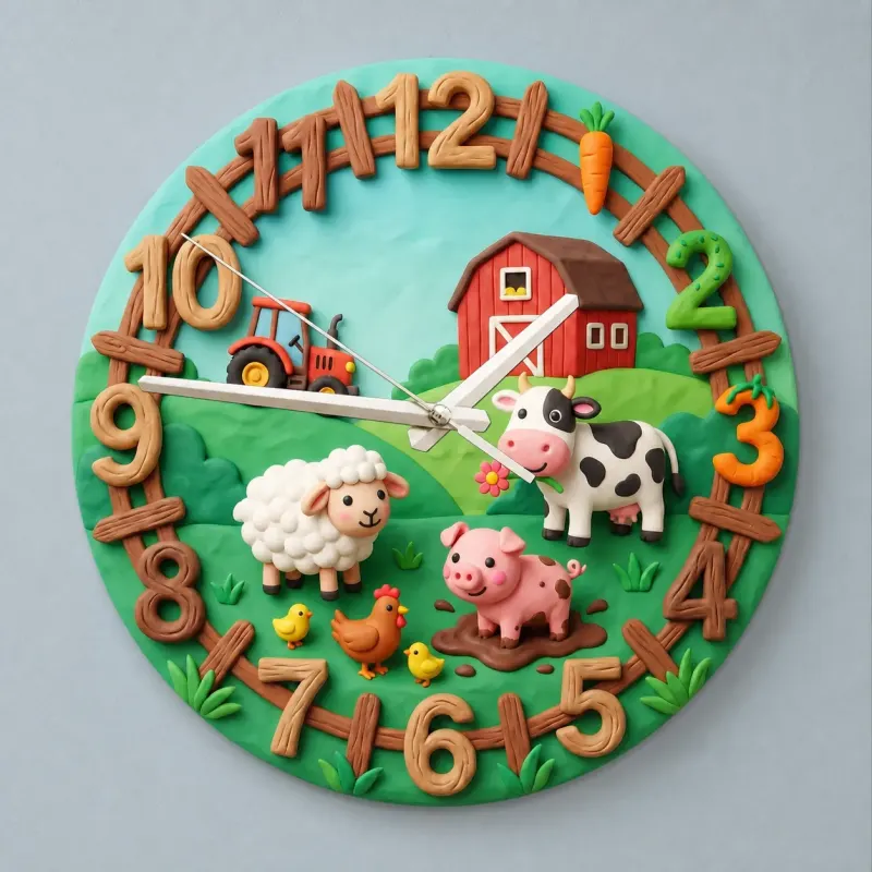 Farm Animals Barnyard Kids Room Wall Clock | Cute Red Tractor Nursery Decor, Unique Baby Boy Shower Gift Keepsake (13.6 inch / 34.5 cm)