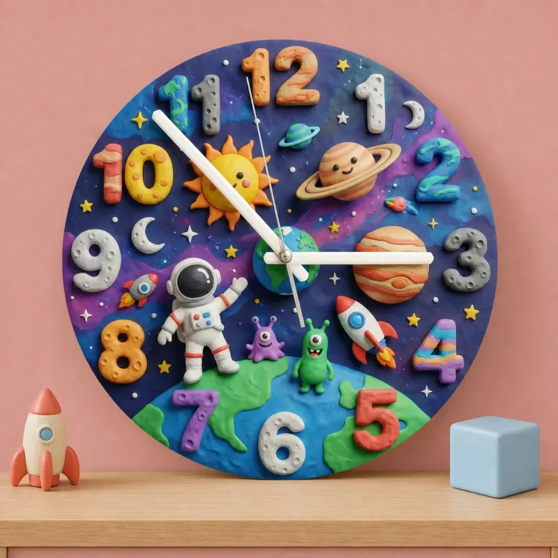 Outer Space Astronaut Kids Room Wall Clock | Cute Planets Baby Boy Nursery Decor, Toddler Bedroom Birthday Keepsake (13.6 inch / 34.5 cm)